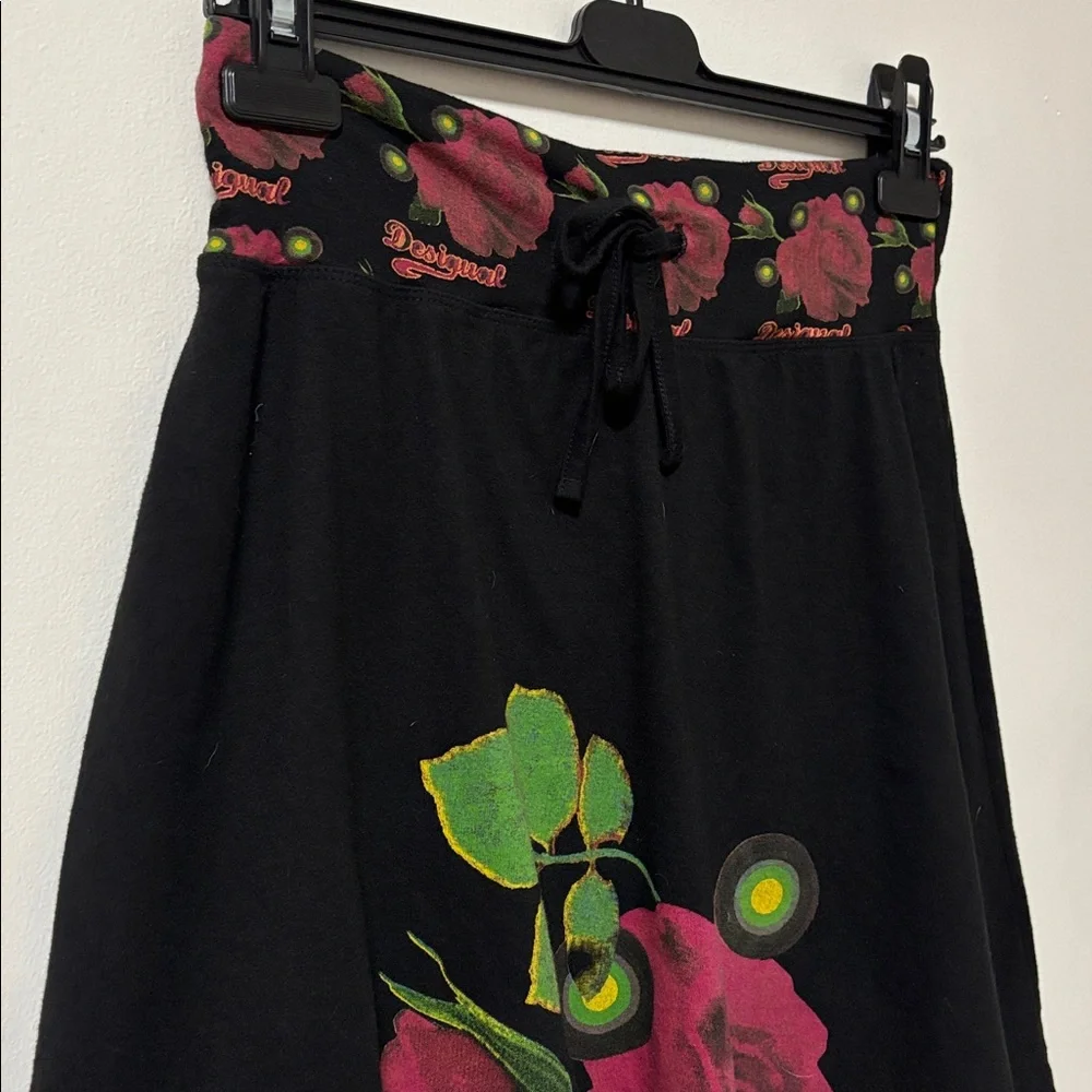 DESIGUAL (M) Balloon Floral Skirt Above Knee Elastic Waist Tie Soft Black - Picture 3 of 13